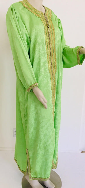 Elegant Moroccan Caftan Green and Gold Embroidered with Moorish Designs