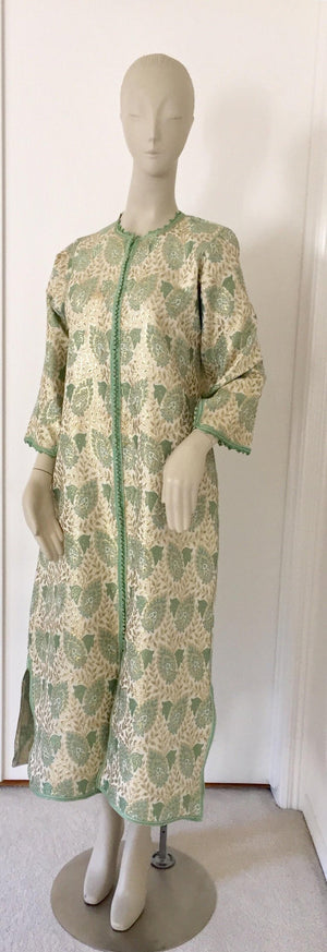 Vintage Moroccan Caftan Lime Green and Silver and Gold Metallic Floral Brocade