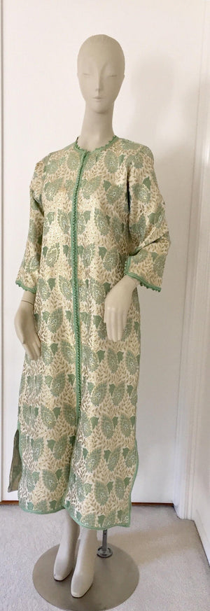 Vintage Moroccan Caftan Lime Green and Silver and Gold Metallic Floral Brocade
