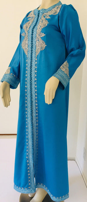 Moroccan Kaftan in Turquoise Blue and Silver