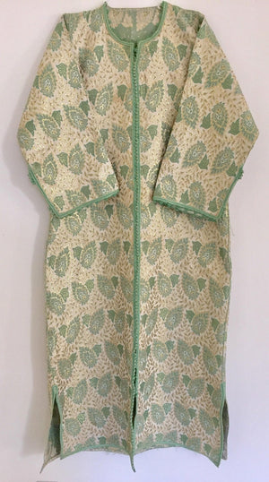 Vintage Moroccan Caftan Lime Green and Silver and Gold Metallic Floral Brocade