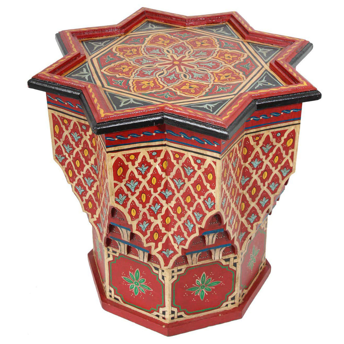 Moroccan Moorish Side Table Hand Painted Red Wood