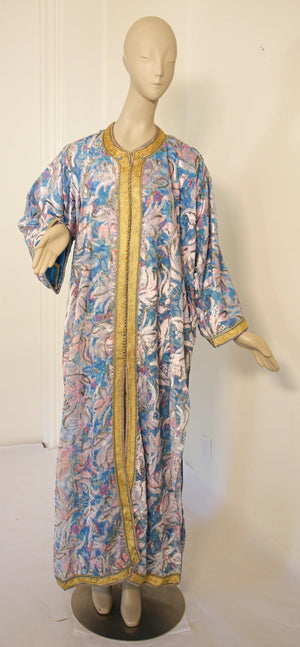 Moroccan Kaftan in Gold and Blue Floral Brocade Metallic Lame