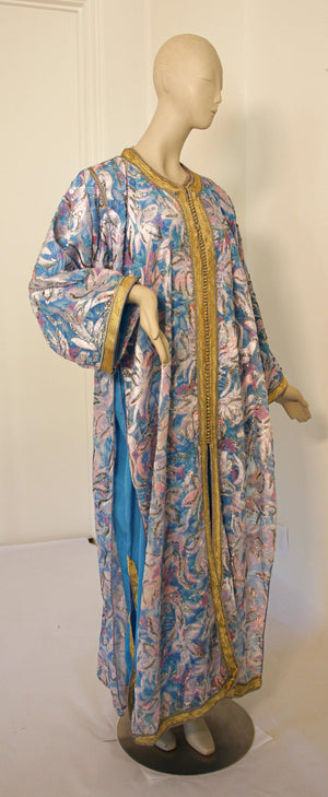 Moroccan Kaftan in Gold and Blue Floral Brocade Metallic Lame