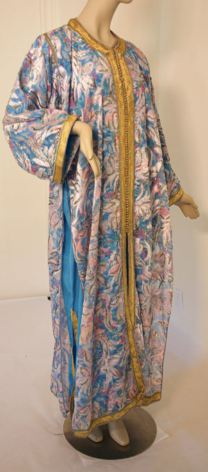 Moroccan Kaftan in Gold and Blue Floral Brocade Metallic Lame