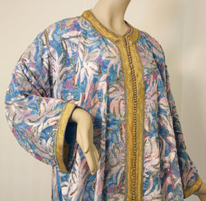 Moroccan Kaftan in Gold and Blue Floral Brocade Metallic Lame