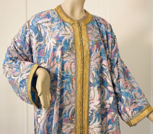 Moroccan Kaftan in Gold and Blue Floral Brocade Metallic Lame