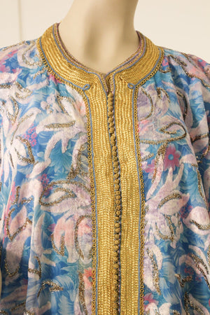 Moroccan Kaftan in Gold and Blue Floral Brocade Metallic Lame