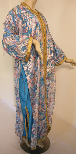 Moroccan Kaftan in Gold and Blue Floral Brocade Metallic Lame