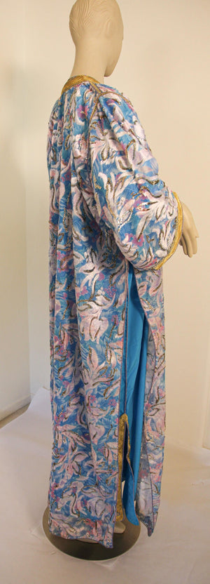 Moroccan Kaftan in Gold and Blue Floral Brocade Metallic Lame