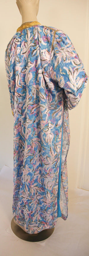 Moroccan Kaftan in Gold and Blue Floral Brocade Metallic Lame