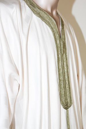 Moroccan Vintage Gentleman Caftan White with Green Trim