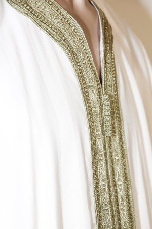 Moroccan Vintage Gentleman Caftan White with Green Trim