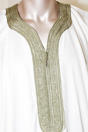 Moroccan Vintage Gentleman Caftan White with Green Trim