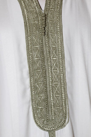 Moroccan Vintage Gentleman Caftan White with Green Trim