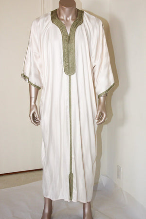 Moroccan Vintage Gentleman Caftan White with Green Trim