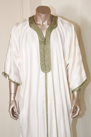Moroccan Vintage Gentleman Caftan White with Green Trim