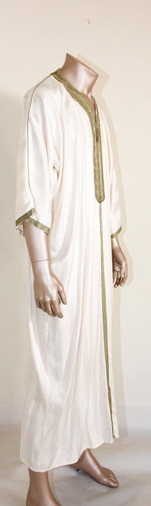 Moroccan Vintage Gentleman Caftan White with Green Trim