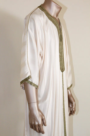 Moroccan Vintage Gentleman Caftan White with Green Trim