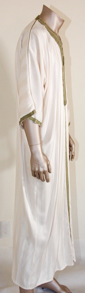 Moroccan Vintage Gentleman Caftan White with Green Trim