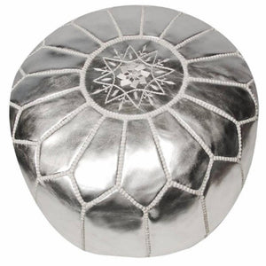 Moroccan Silver Faux Leather Pouf, Hand-Crafted Moorish Design