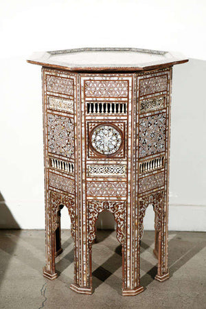 Antique Moorish Middle Eastern Large Pedestal Tables Inlaid with Shell, a Pair