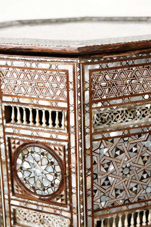 Antique Moorish Middle Eastern Large Pedestal Tables Inlaid with Shell, a Pair
