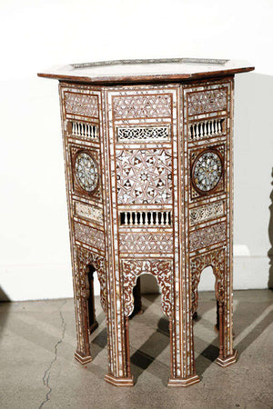 Antique Moorish Middle Eastern Large Pedestal Tables Inlaid with Shell, a Pair