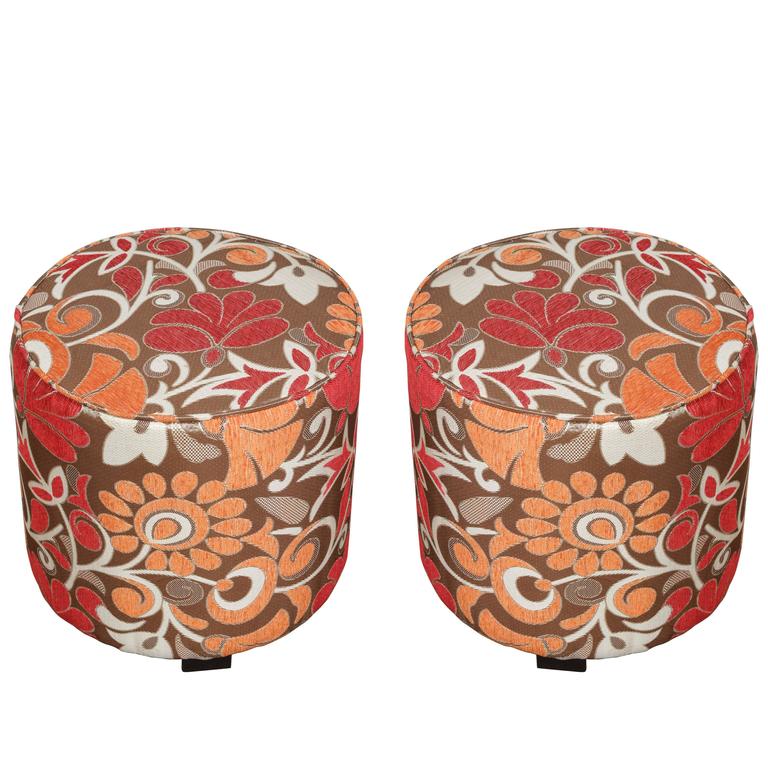 Pair of Cylindrical Stools in Modern Velvet Upholstery in 1970s Style