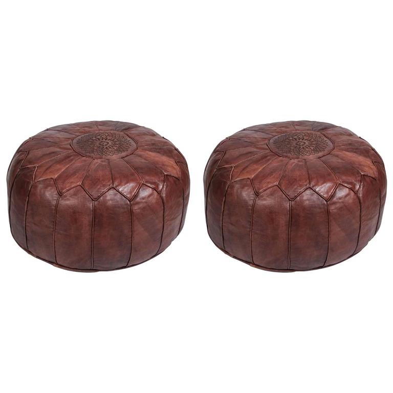 Pair of Large Brown Moroccan Leather Poufs