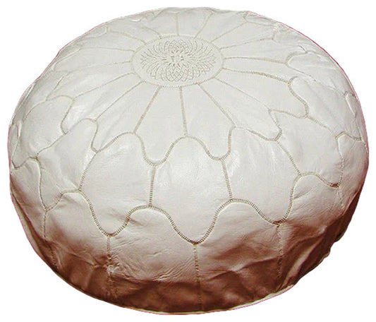 Large Moroccan Leather White Pouf