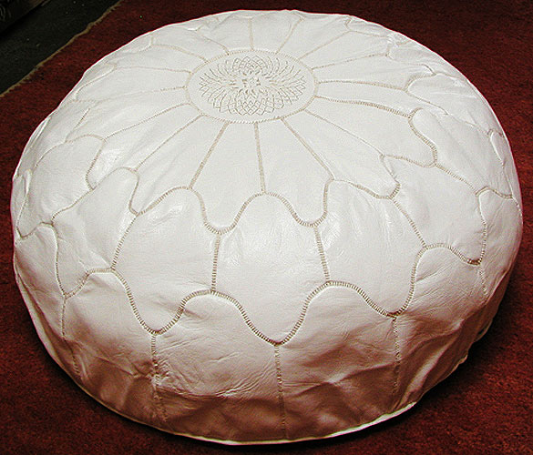 Large Moroccan Leather White Pouf