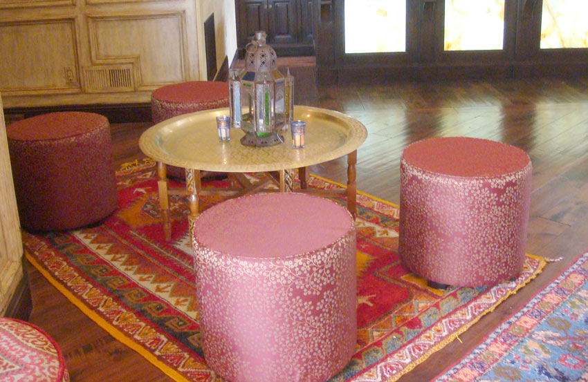 Moroccan Hand-Crafted Pouf in Red and Gold Fabric, Stool