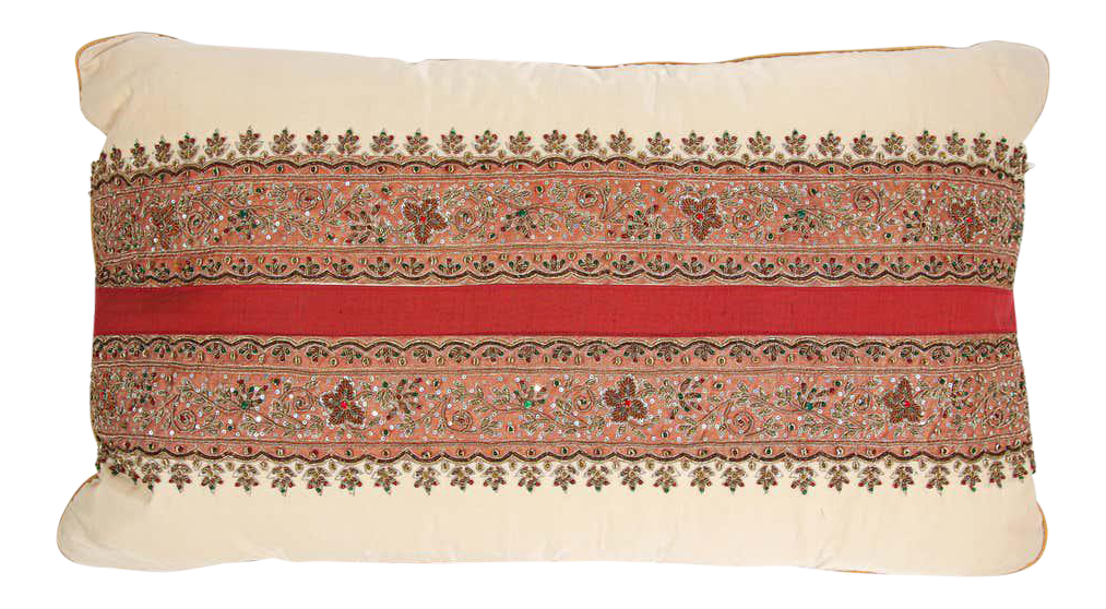 Handcrafted Silk Lumbar Pillow, Ivory with Beads, Moorish Style, India