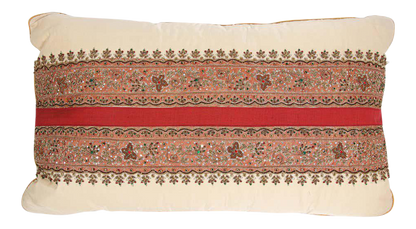 Handcrafted Silk Lumbar Pillow, Ivory with Beads, Moorish Style, India