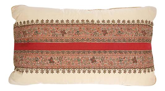 Handcrafted Silk Lumbar Pillow, Ivory with Beads, Moorish Style, India
