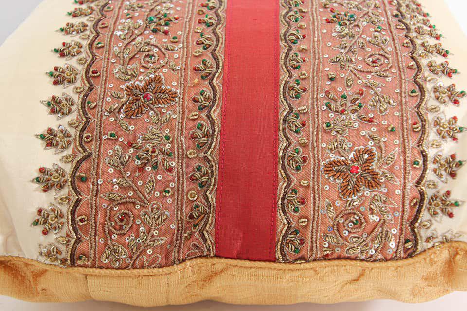 Handcrafted Silk Lumbar Pillow, Ivory with Beads, Moorish Style, India