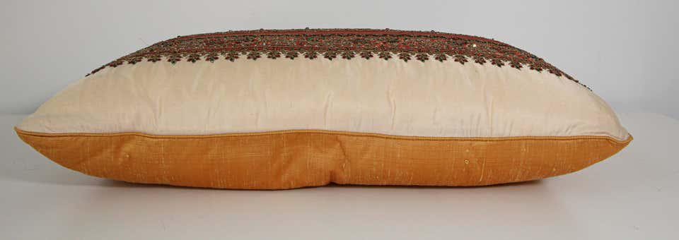Handcrafted Silk Lumbar Pillow, Ivory with Beads, Moorish Style, India