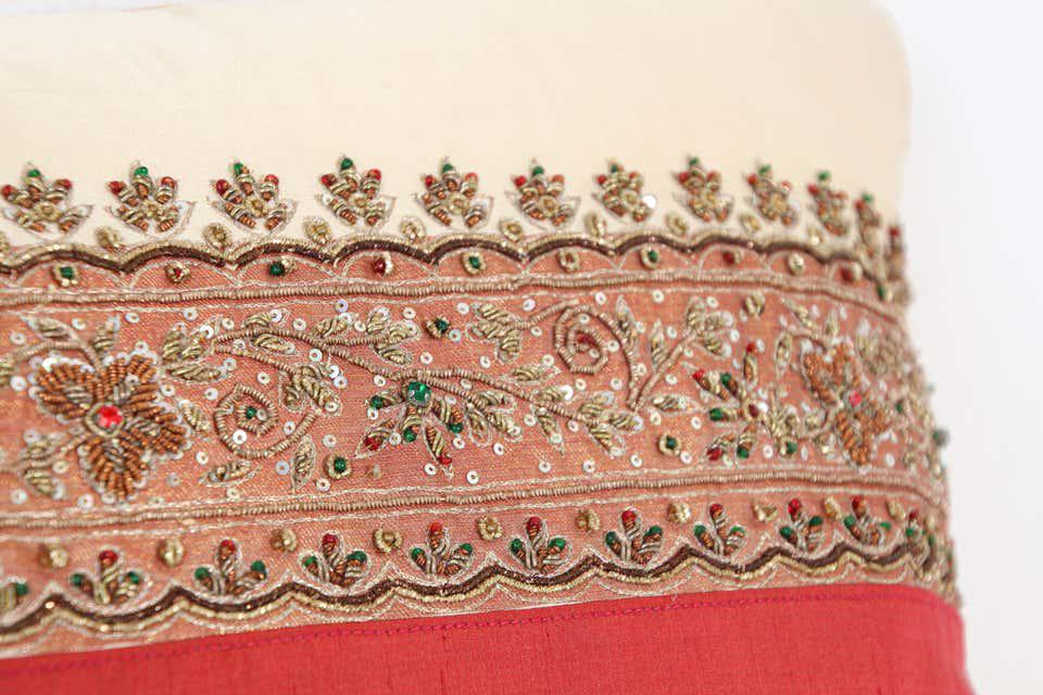 Handcrafted Silk Lumbar Pillow, Ivory with Beads, Moorish Style, India