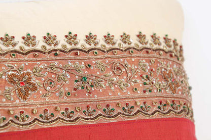 Handcrafted Silk Lumbar Pillow, Ivory with Beads, Moorish Style, India