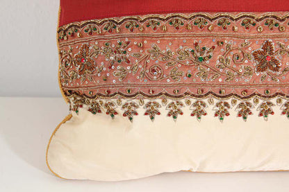 Handcrafted Silk Lumbar Pillow, Ivory with Beads, Moorish Style, India