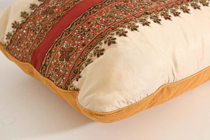 Handcrafted Silk Lumbar Pillow, Ivory with Beads, Moorish Style, India