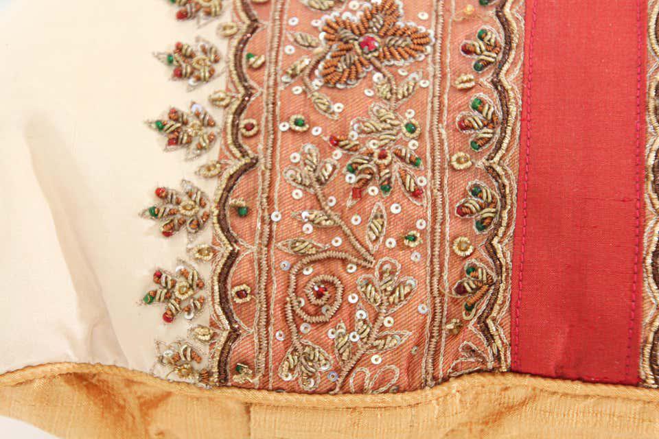 Handcrafted Silk Lumbar Pillow, Ivory with Beads, Moorish Style, India