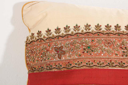 Handcrafted Silk Lumbar Pillow, Ivory with Beads, Moorish Style, India