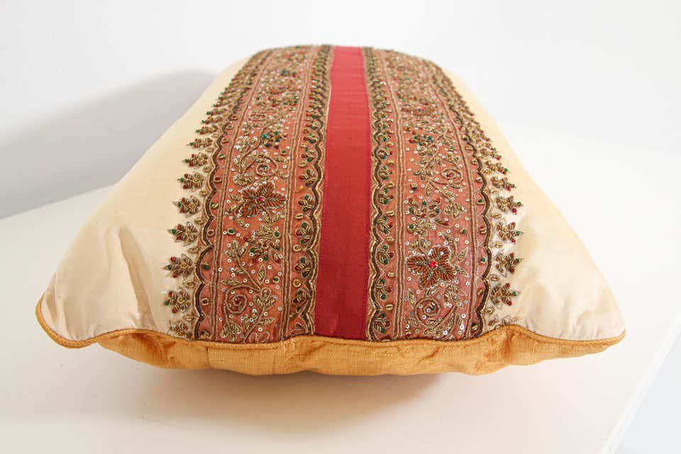Handcrafted Silk Lumbar Pillow, Ivory with Beads, Moorish Style, India