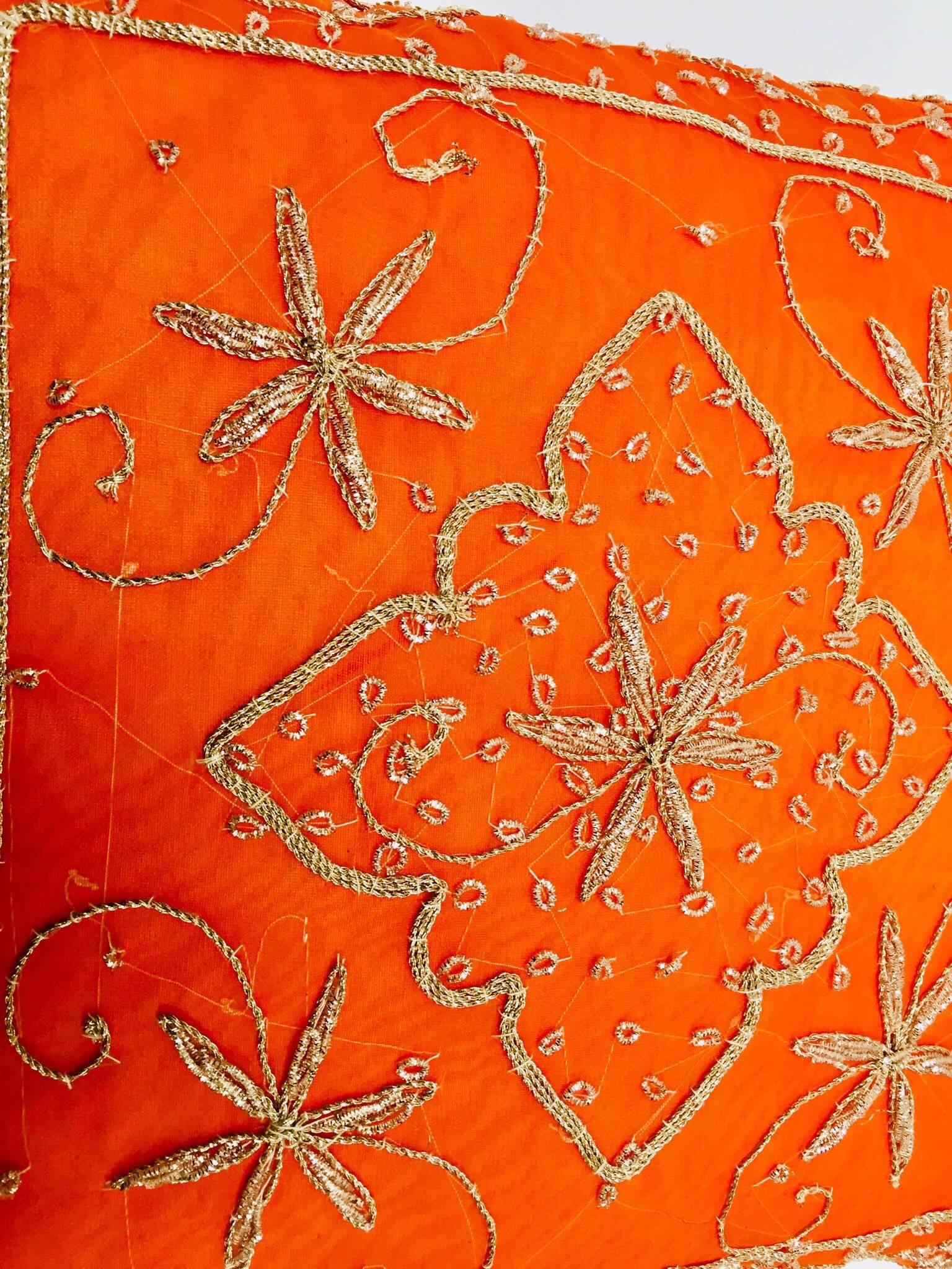 Throw Decorative Orange Accent Pillow Embellished With Sequins and Beads