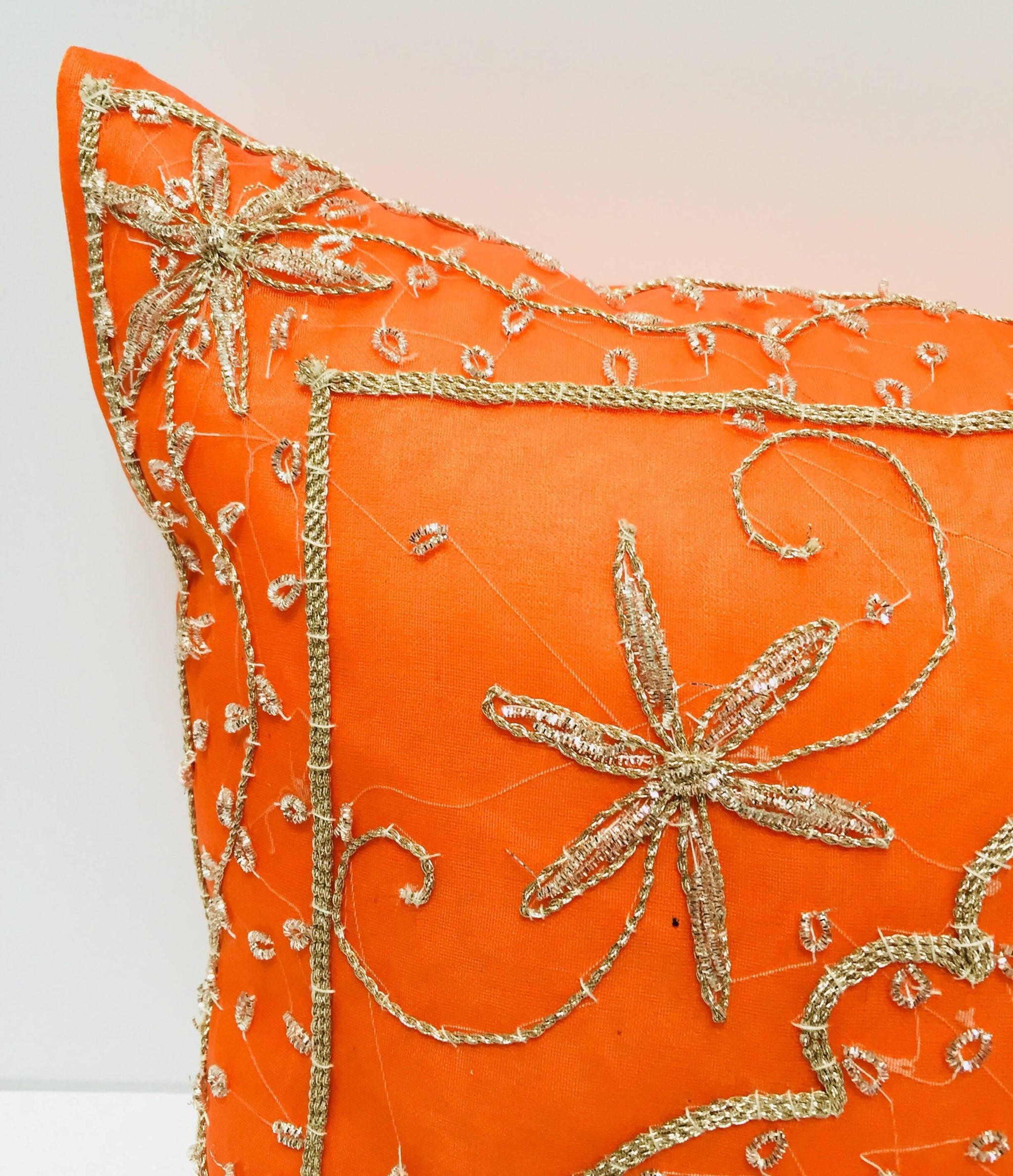 Throw Decorative Orange Accent Pillow Embellished With Sequins and Beads