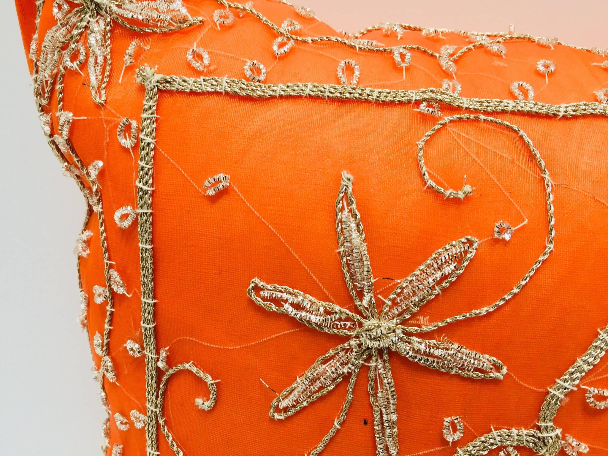 Throw Decorative Orange Accent Pillow Embellished With Sequins and Beads