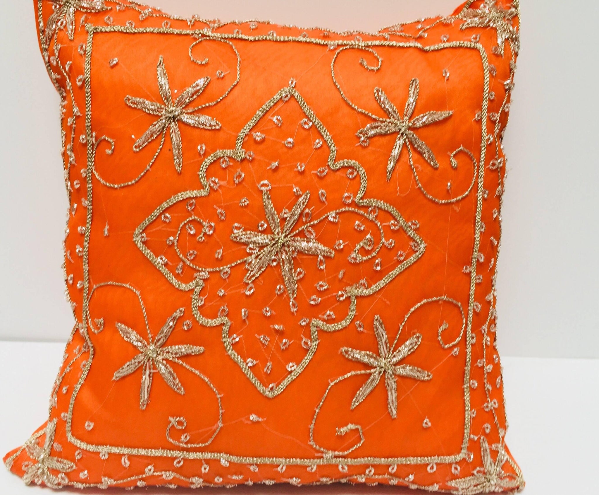 Throw Decorative Orange Accent Pillow Embellished With Sequins and Beads