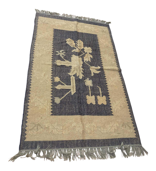 Vintage Hand-Woven Afghani Rug, Cotton, Floral Geometric Design, 1980